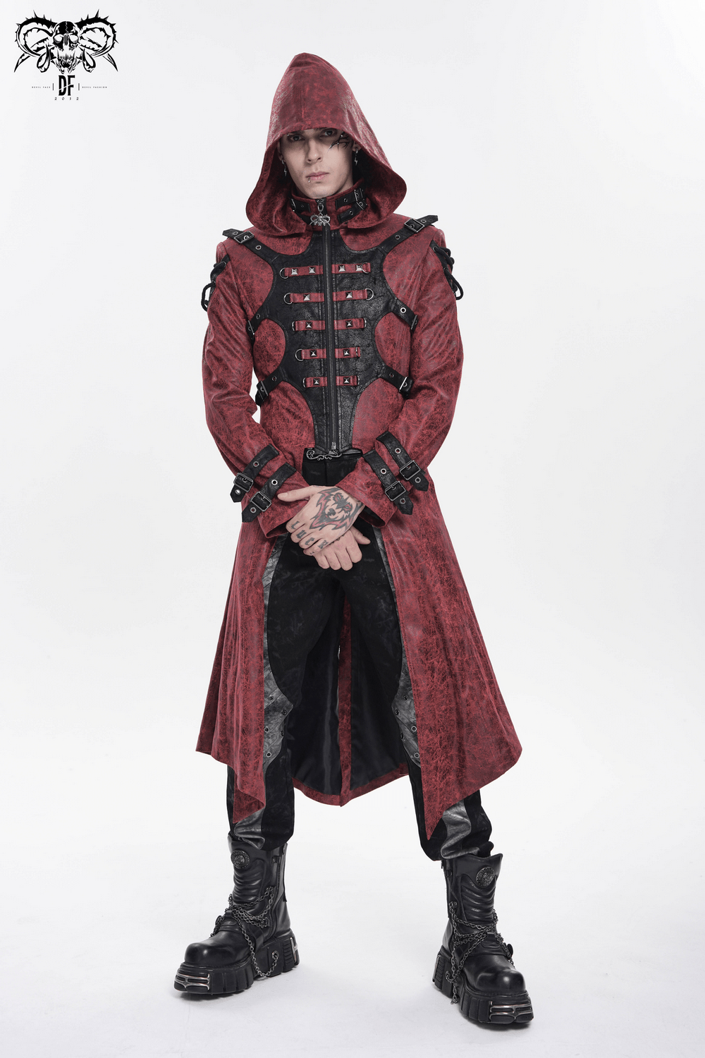 Goth Hooded Long Coat with Buckle Harness Details for Men