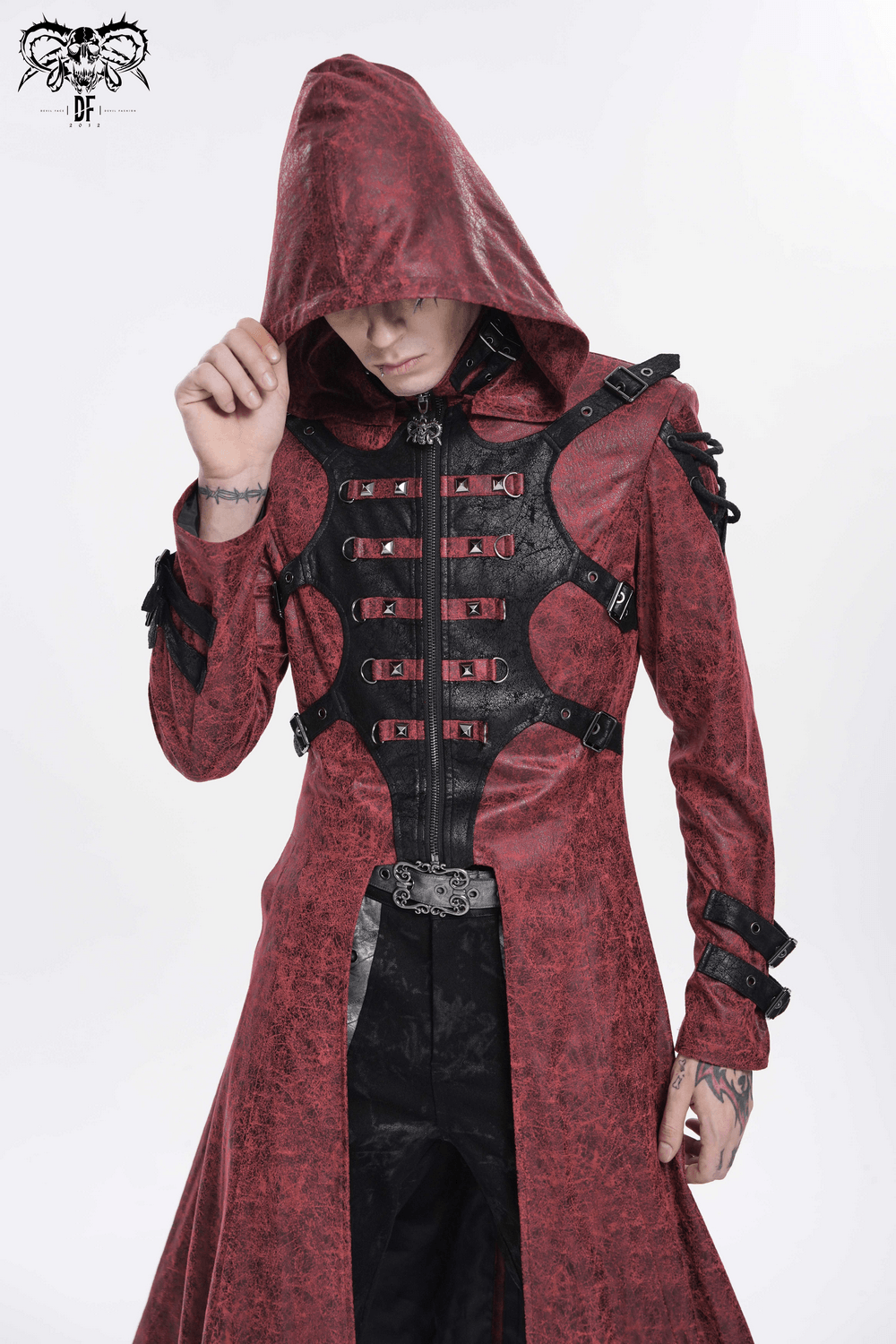 Goth Hooded Long Coat with Buckle Harness Details for Men
