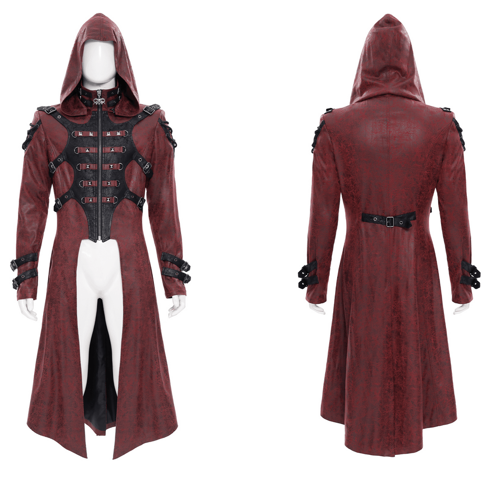 Goth Hooded Long Coat with Buckle Harness Details for Men