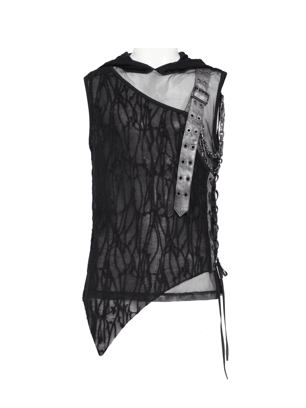 Goth Hooded Sleeveless Mesh Top with Chains and Buckle Strap