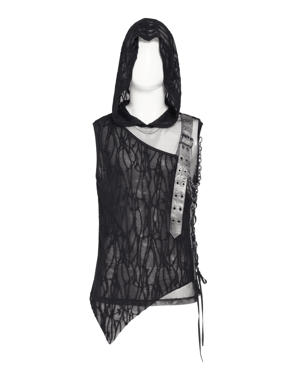 Goth Hooded Sleeveless Mesh Top with Chains and Buckle Strap