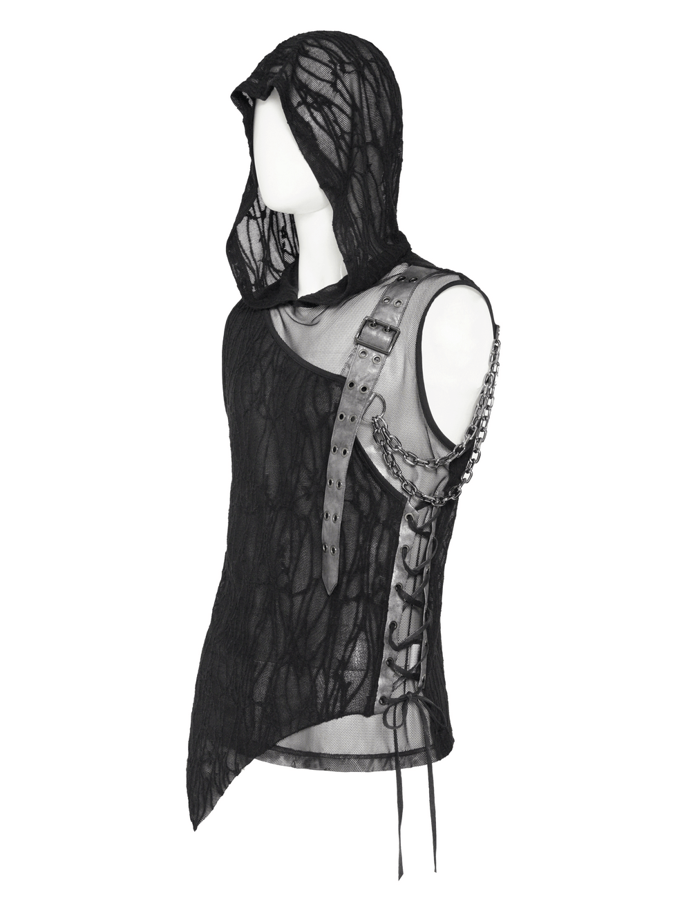 Goth Hooded Sleeveless Mesh Top with Chains and Buckle Strap