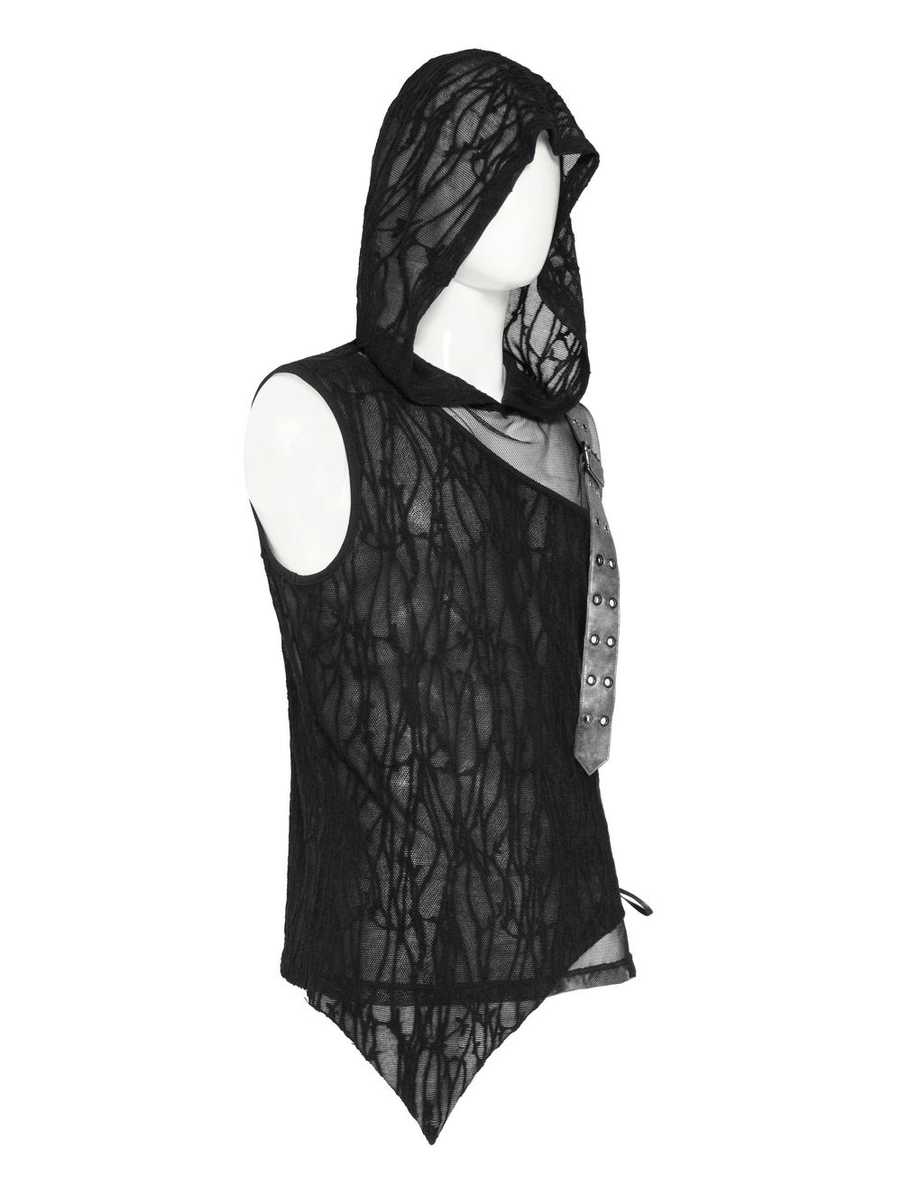 Goth Hooded Sleeveless Mesh Top with Chains and Buckle Strap