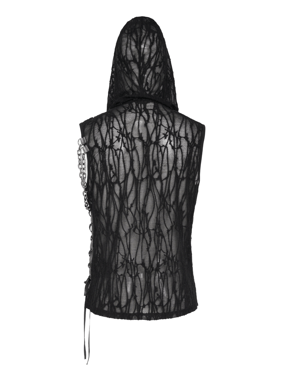 Goth Hooded Sleeveless Mesh Top with Chains and Buckle Strap