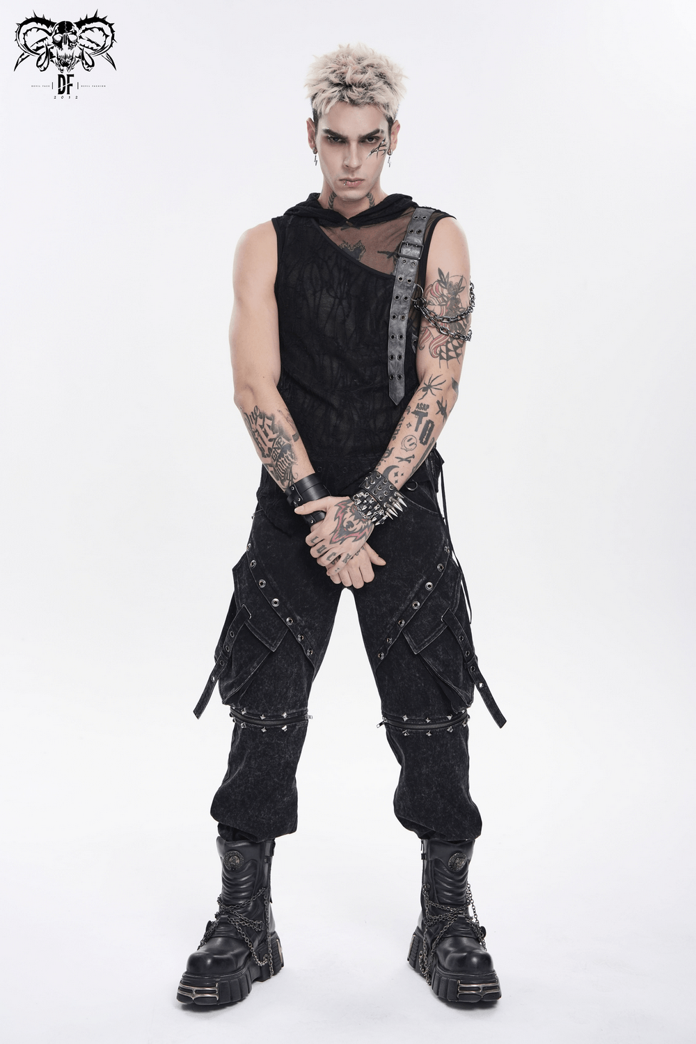 Goth Hooded Sleeveless Mesh Top with Chains and Buckle Strap