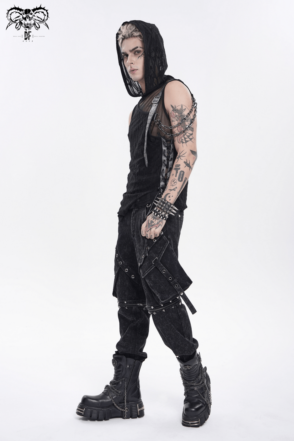Goth Hooded Sleeveless Mesh Top with Chains and Buckle Strap