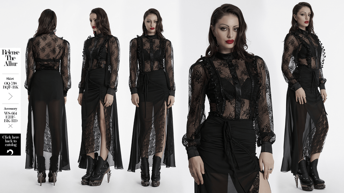 Goth Lace Transparent Blouse with Mesh and Rose Design