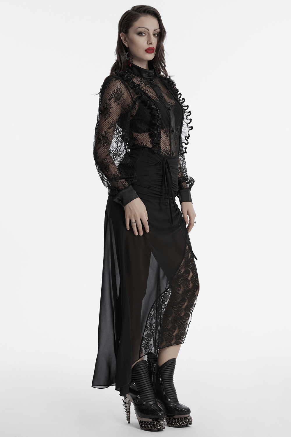 Goth Lace Transparent Blouse with Mesh and Rose Design