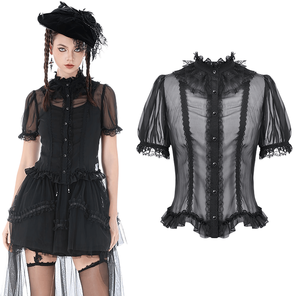 Goth Lace-Trimmed Puff Sleeved Blouse with Button Detail