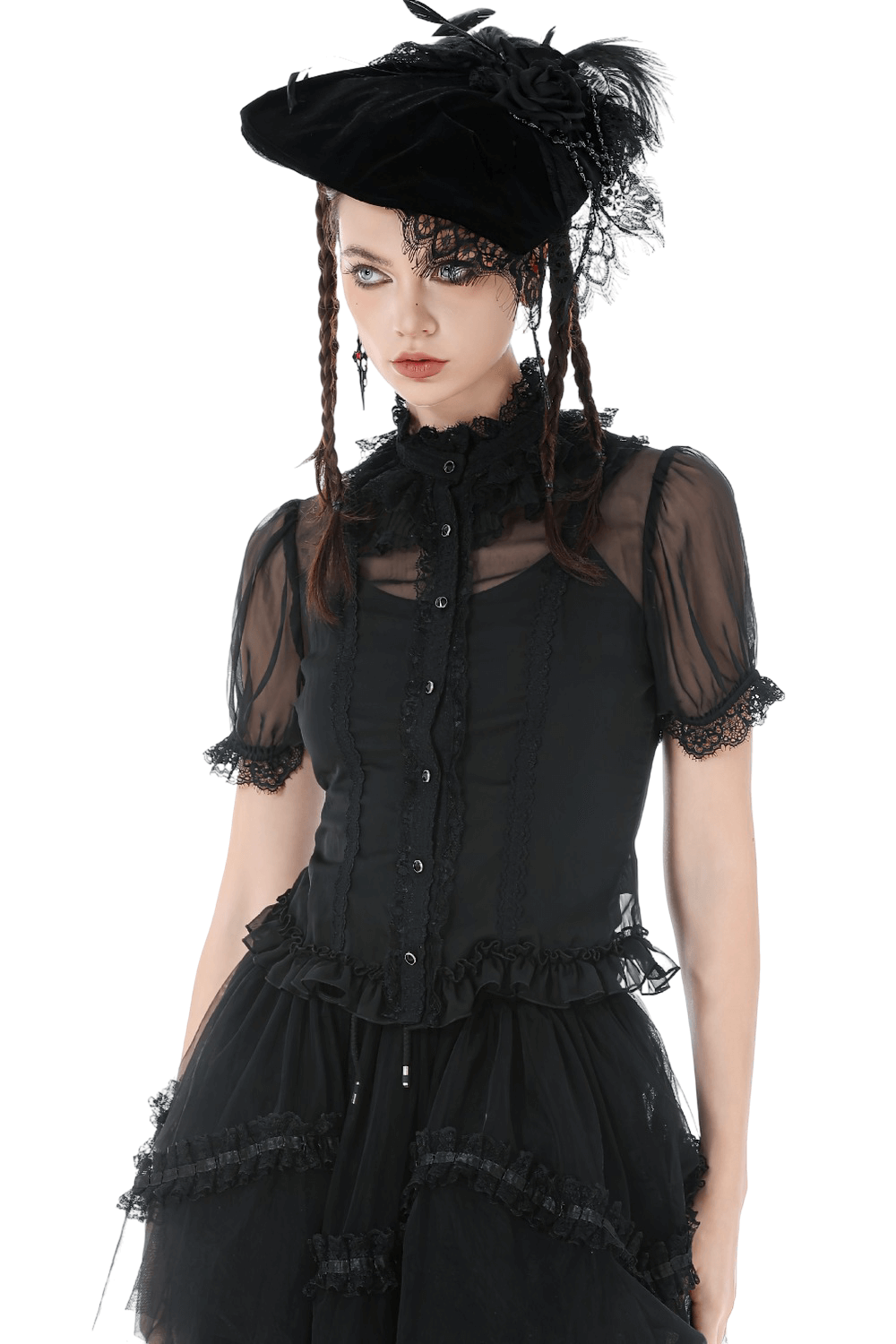 Goth Lace-Trimmed Puff Sleeved Blouse with Button Detail