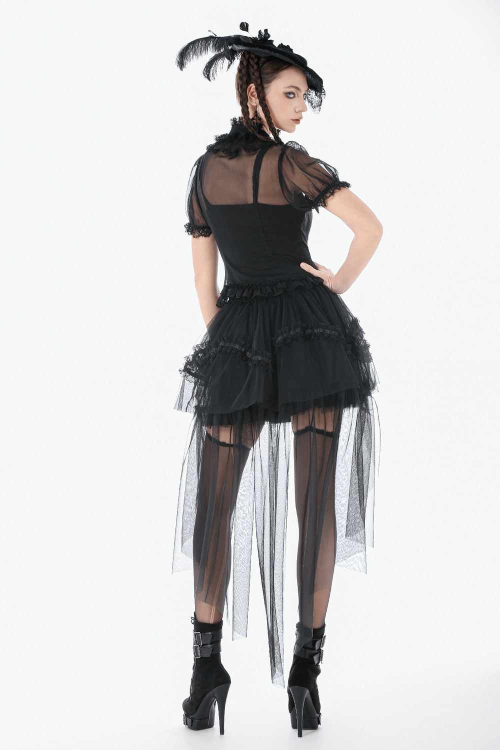 Goth Lace-Trimmed Puff Sleeved Blouse with Button Detail