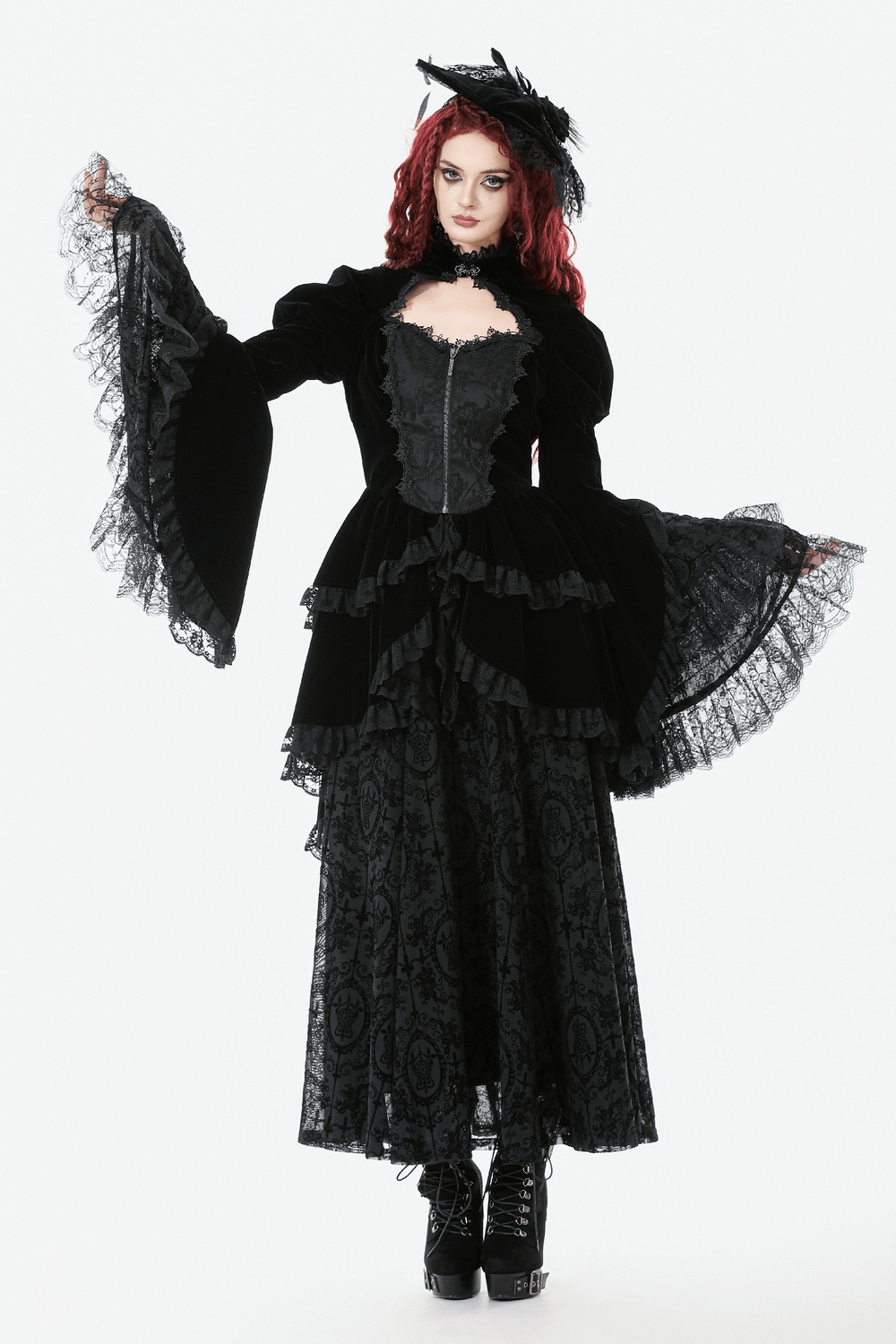 Goth Lace-Up Tiered High-Low Jacket with Bell Sleeves