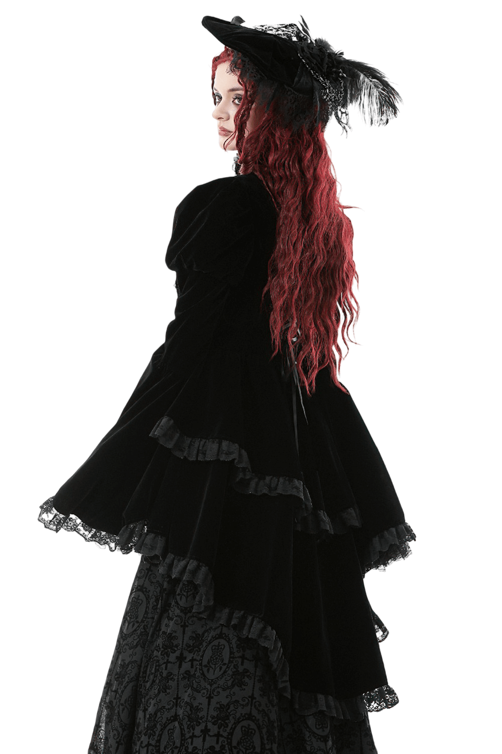 Goth Lace-Up Tiered High-Low Jacket with Bell Sleeves
