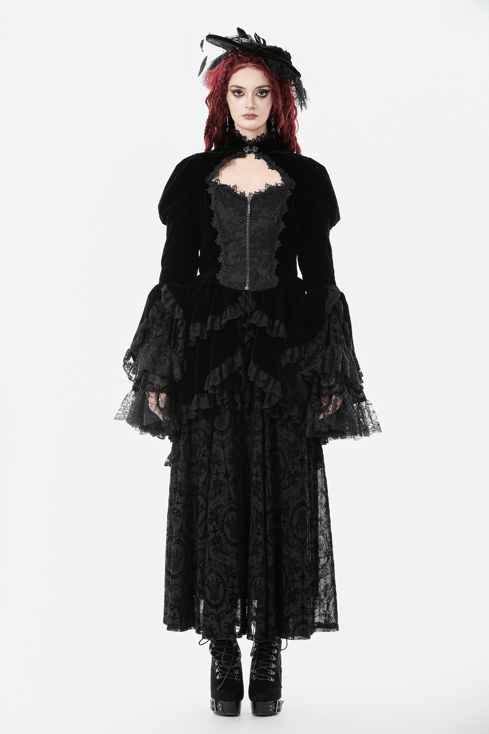 Goth Lace-Up Tiered High-Low Jacket with Bell Sleeves