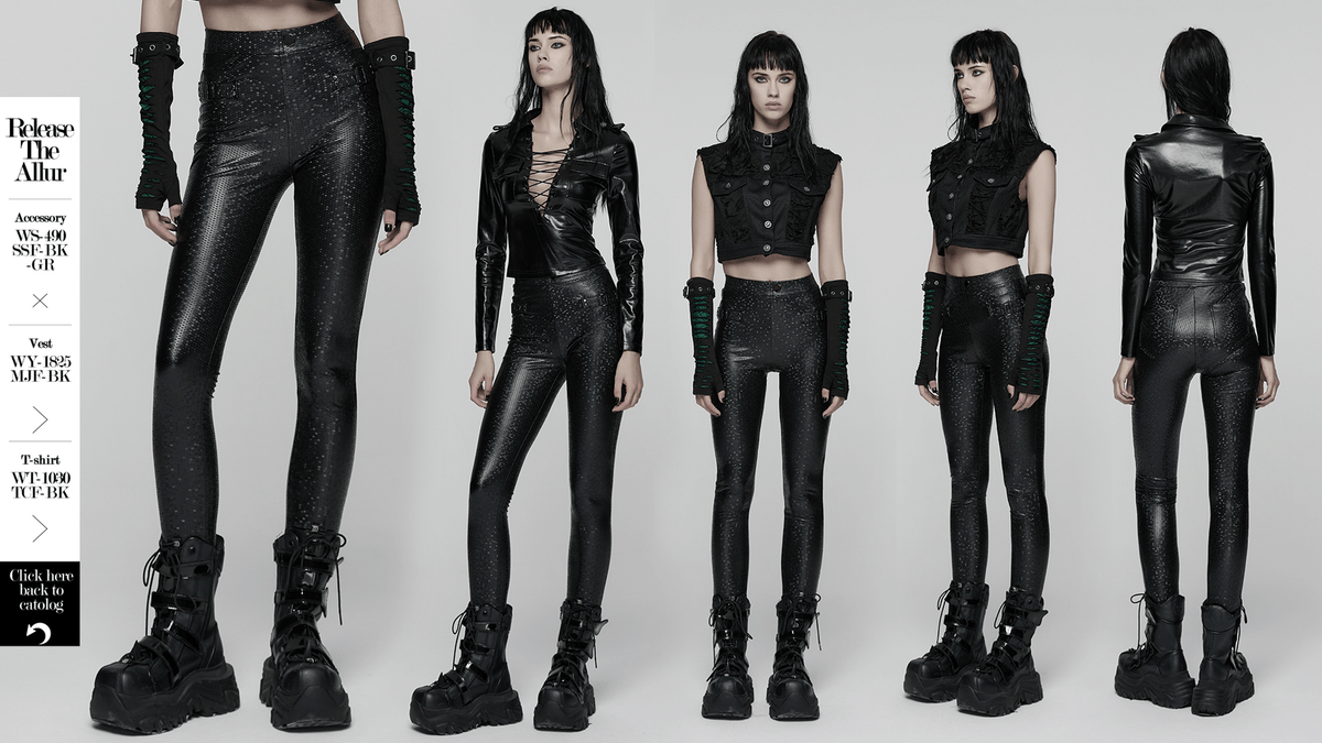 Goth Leggings with Stretch Fabric and Buckle Straps Pockets