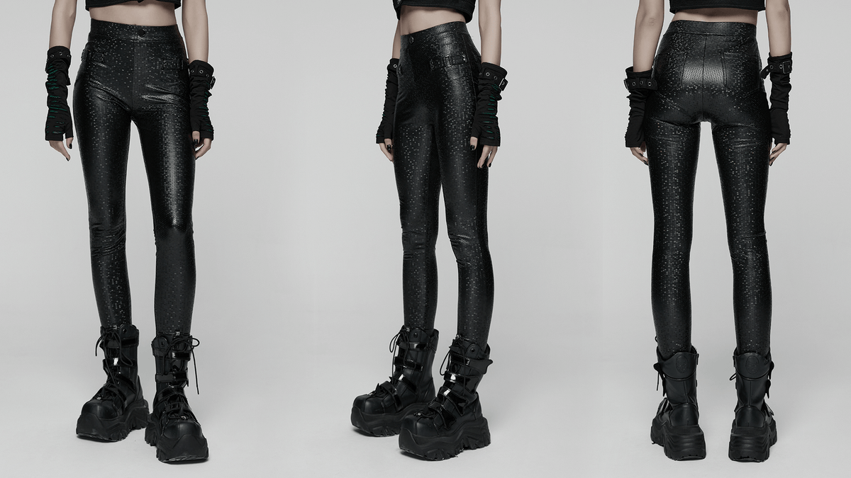 Goth Leggings with Stretch Fabric and Buckle Straps Pockets