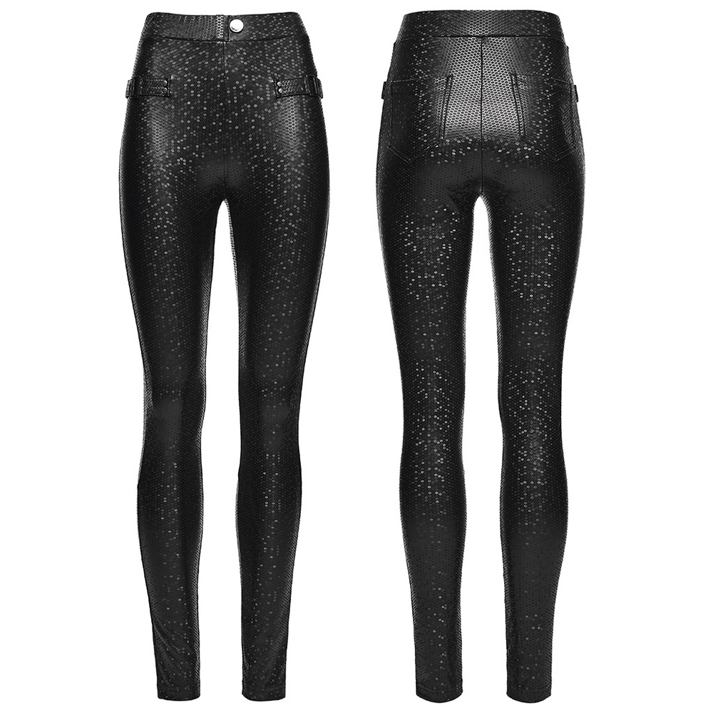 Goth Leggings with Stretch Fabric and Buckle Straps Pockets