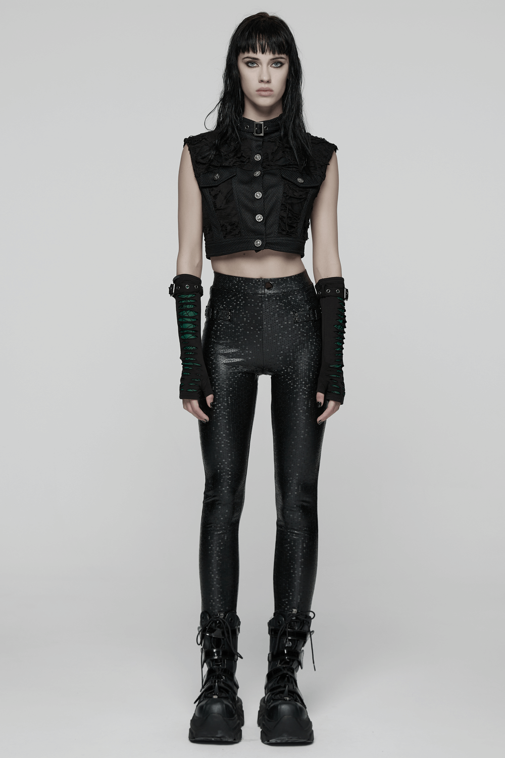 Goth Leggings with Stretch Fabric and Buckle Straps Pockets