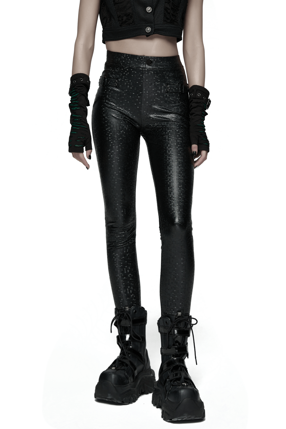 Goth Leggings with Stretch Fabric and Buckle Straps Pockets