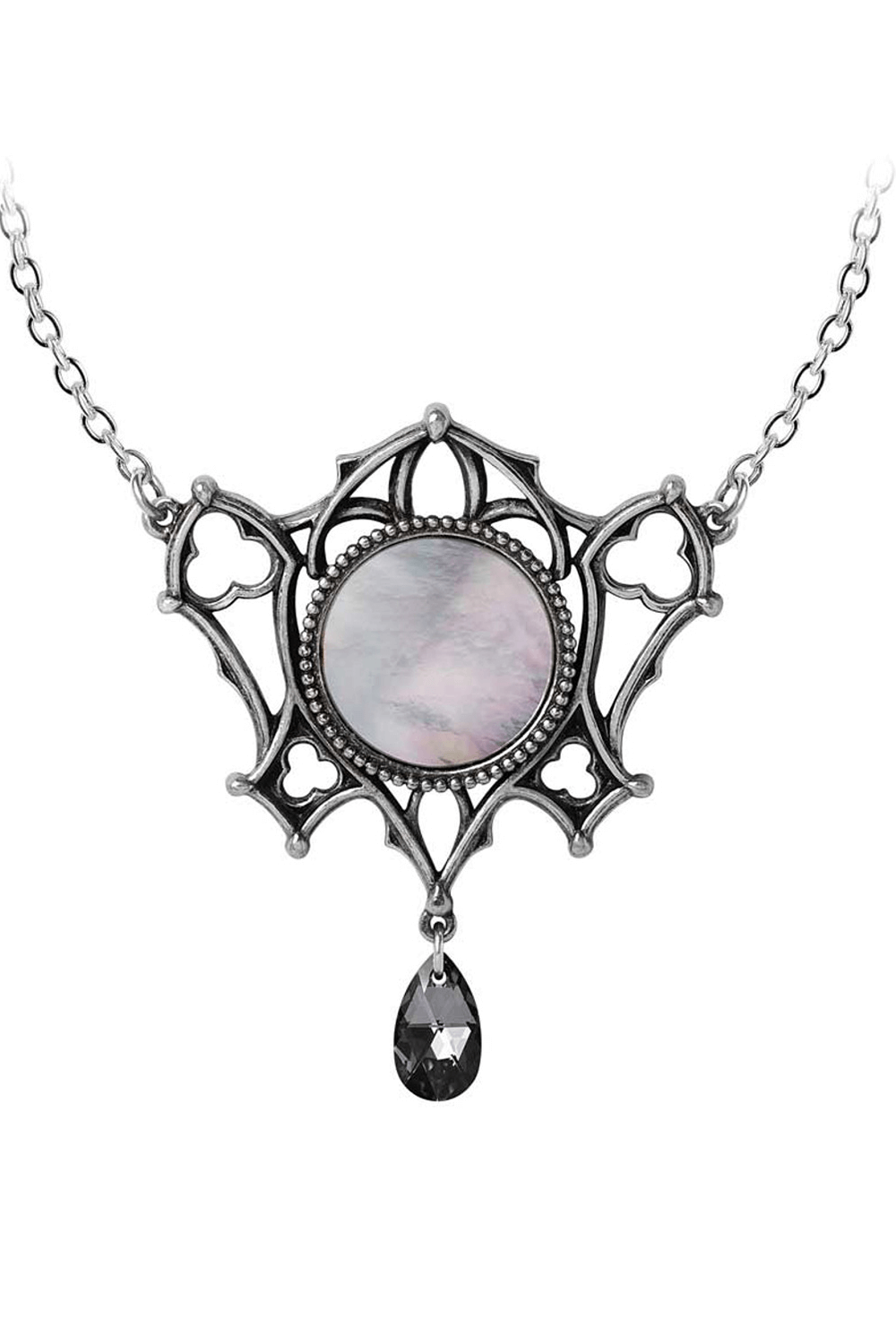 Goth Mother of Pearl Necklace with Dark Crystal Pendant