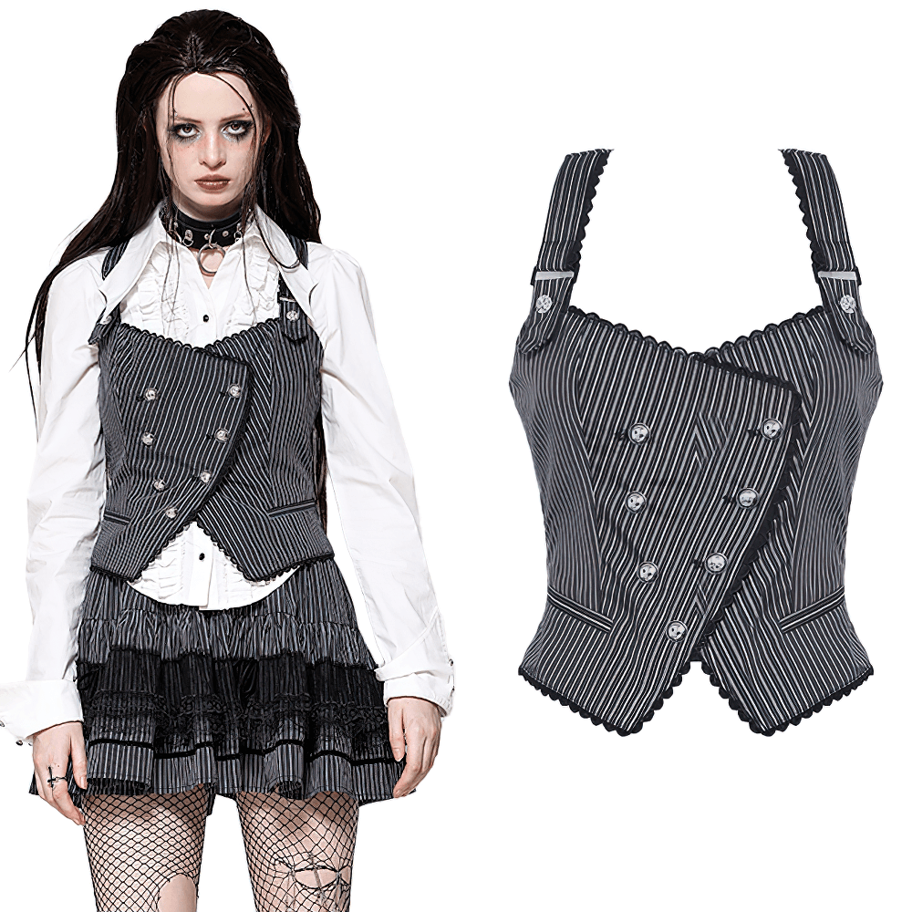 Goth Pinstripe Double-Breasted Vest with Straps