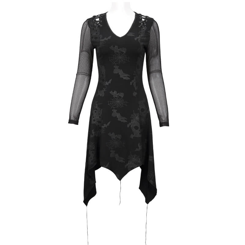 Goth Punk Drawstring Decoration V-neck Printed Asymmetrical Dress