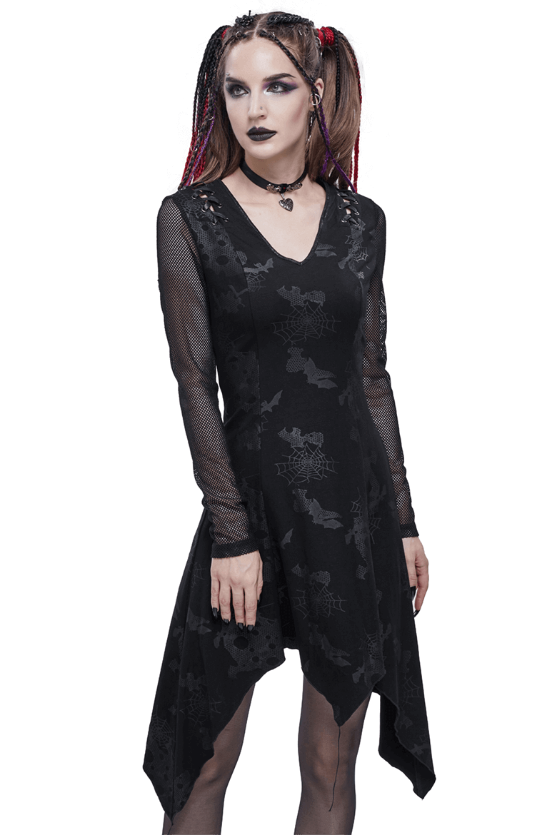 Goth Punk Drawstring Decoration V-neck Printed Asymmetrical Dress