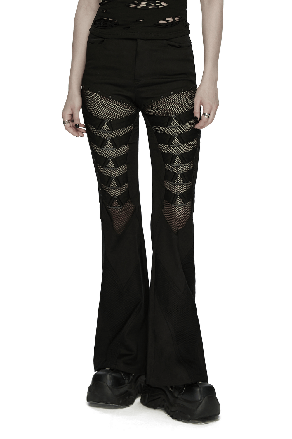 Goth Punk Mesh Flare Pants with Strap Buckle Detail
