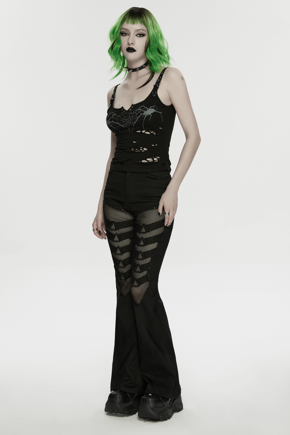 Goth Punk Mesh Flare Pants with Strap Buckle Detail