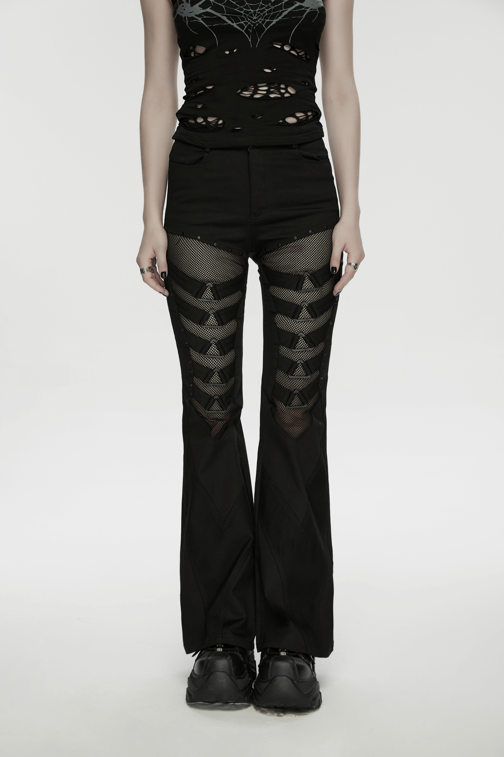 Goth Punk Mesh Flare Pants with Strap Buckle Detail
