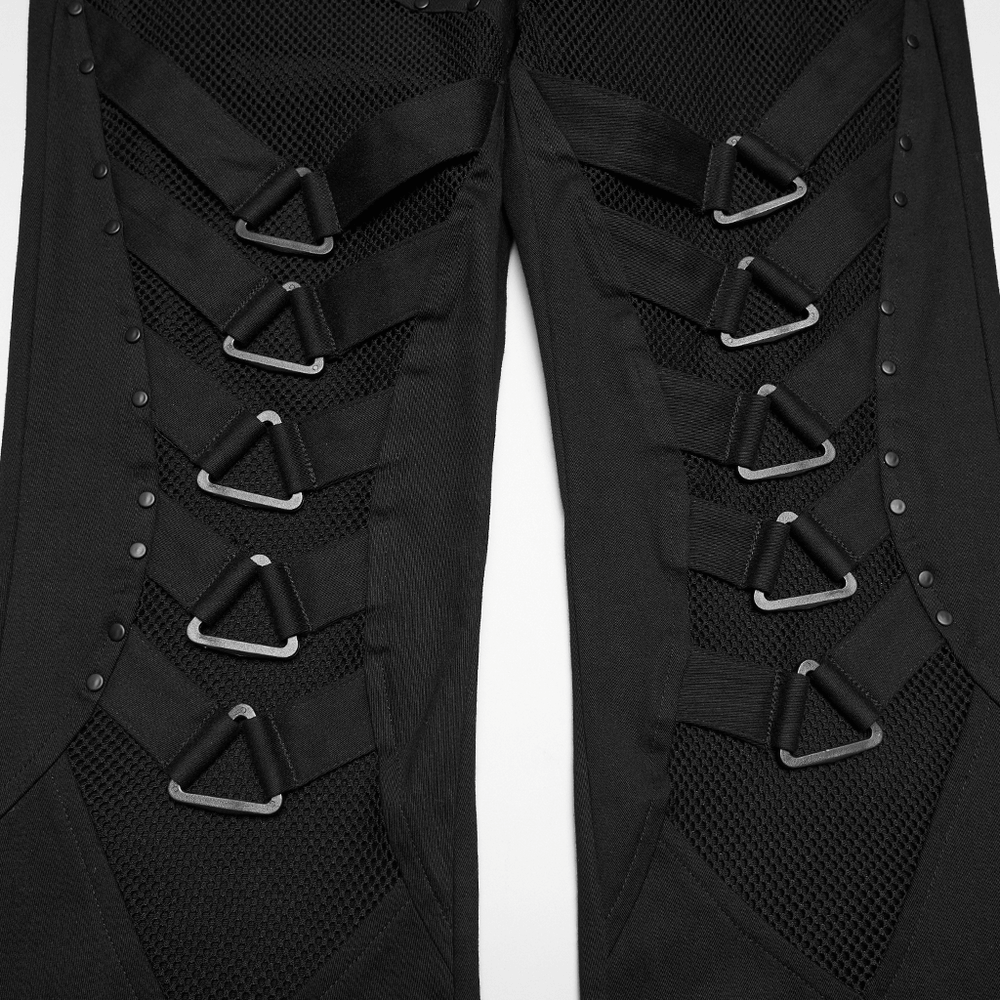 Goth Punk Mesh Flare Pants with Strap Buckle Detail