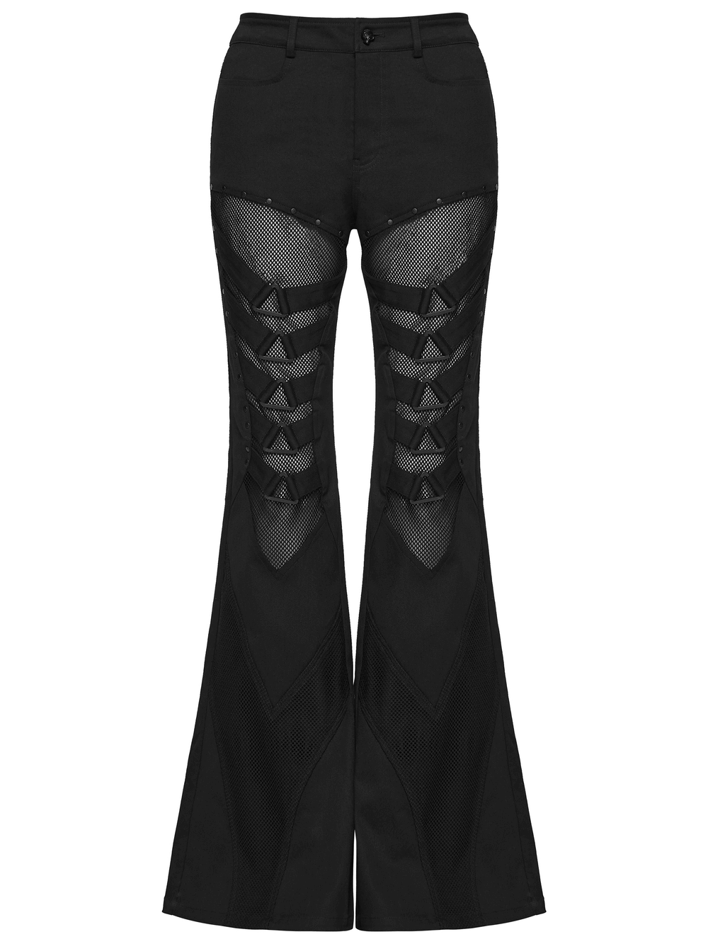 Goth Punk Mesh Flare Pants with Strap Buckle Detail
