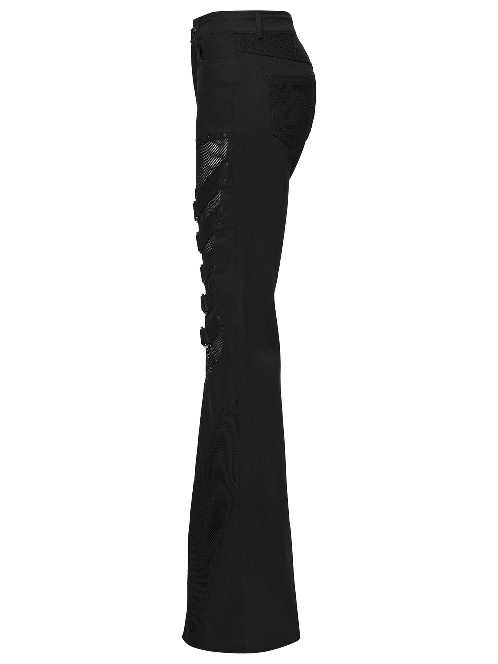 Goth Punk Mesh Flare Pants with Strap Buckle Detail