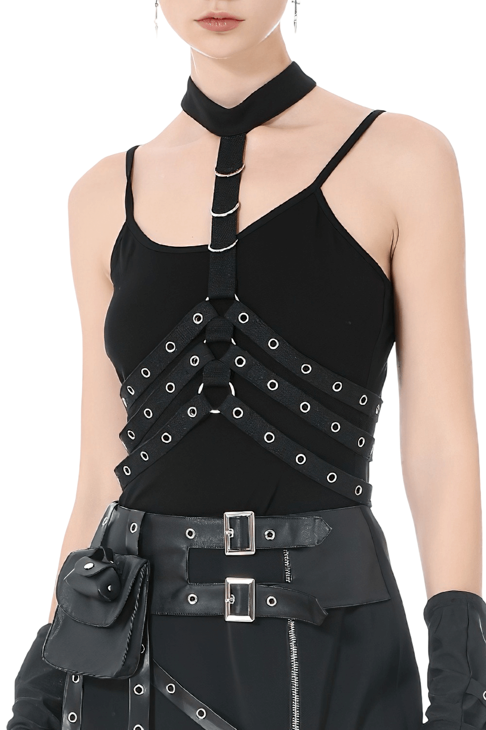 Goth Punk Strappy Chest Harness with Metal Eyelets
