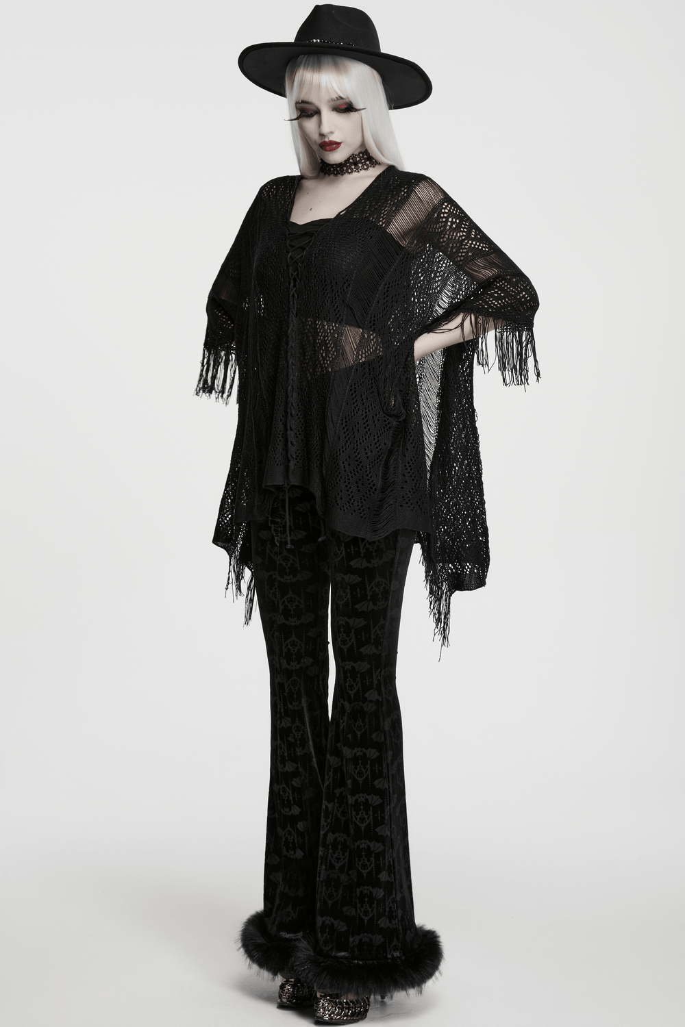 Goth Tassel Bat Sweater with Knitted Mesh and Drawstring