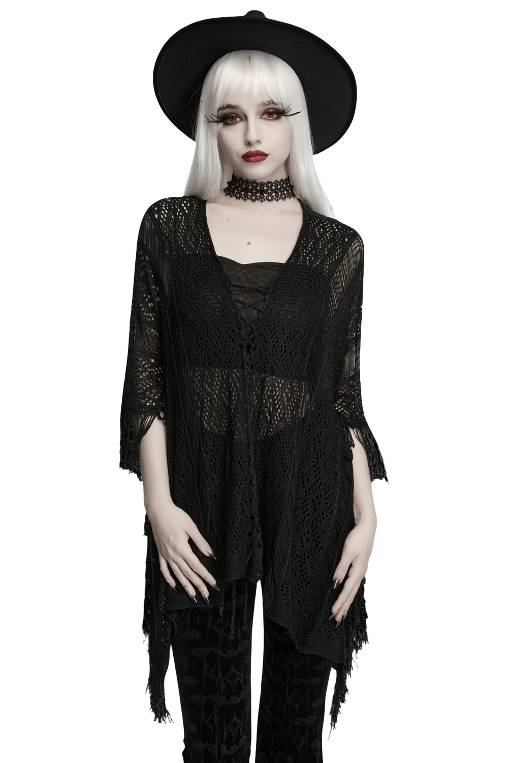 Goth Tassel Bat Sweater with Knitted Mesh and Drawstring