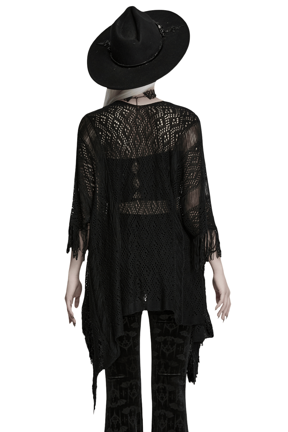 Goth Tassel Bat Sweater with Knitted Mesh and Drawstring