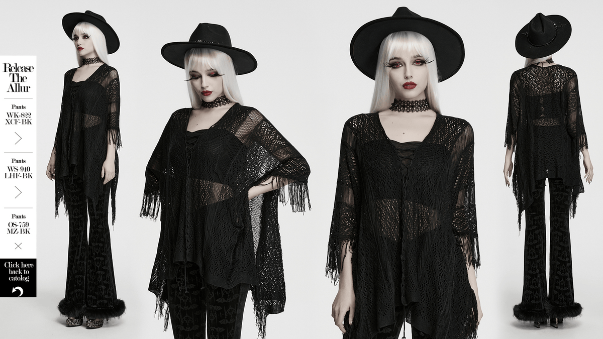Goth Tassel Bat Sweater with Knitted Mesh and Drawstring