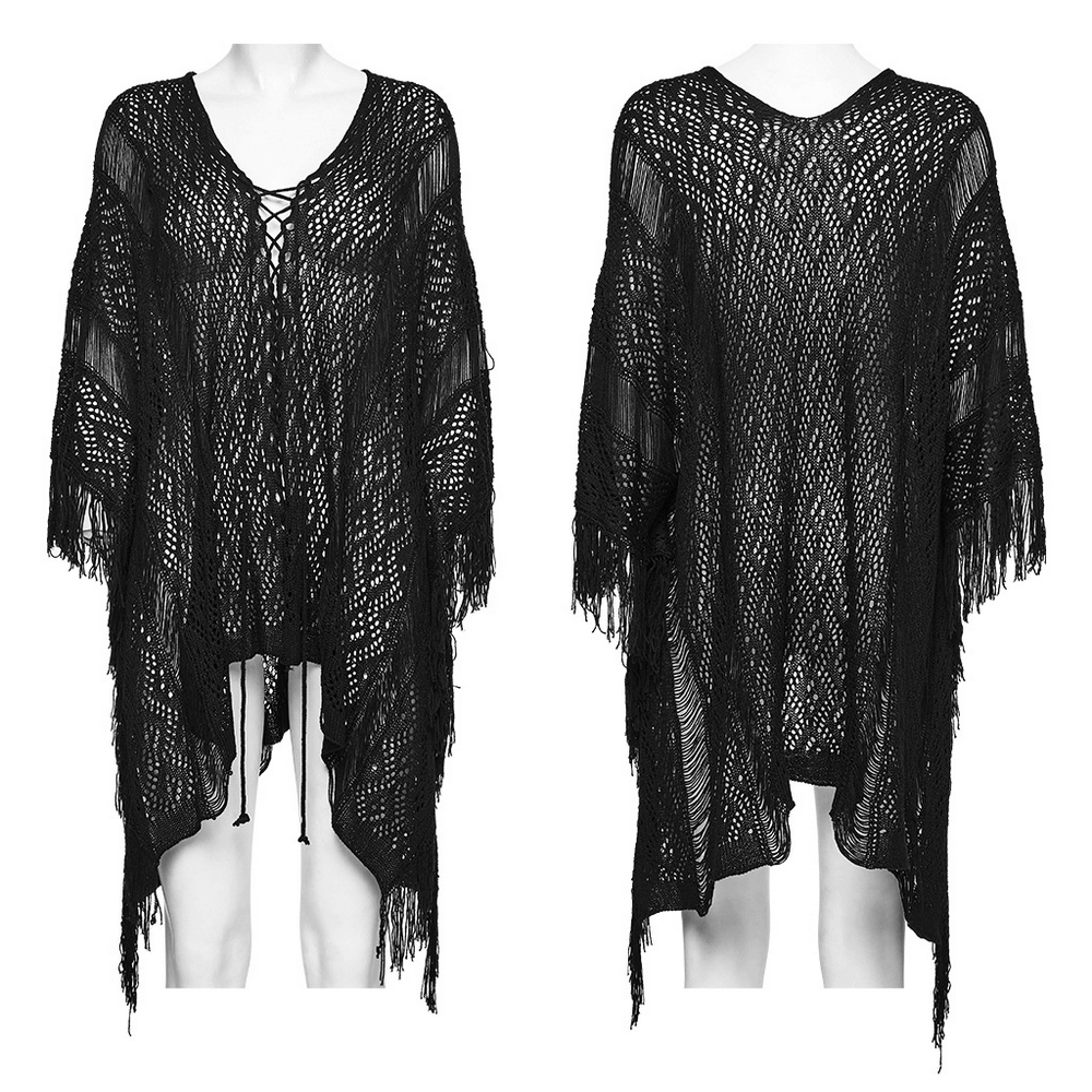 Goth Tassel Bat Sweater with Knitted Mesh and Drawstring