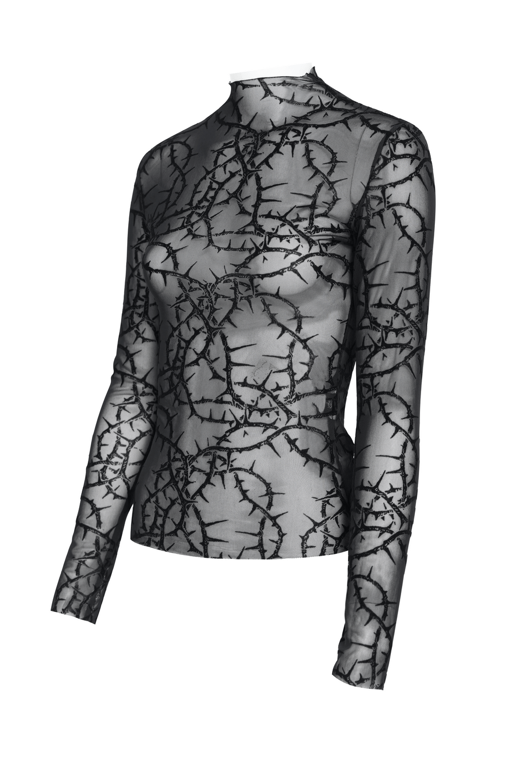 Goth Thorn Print Sheer Mesh Long Sleeved Top for Women