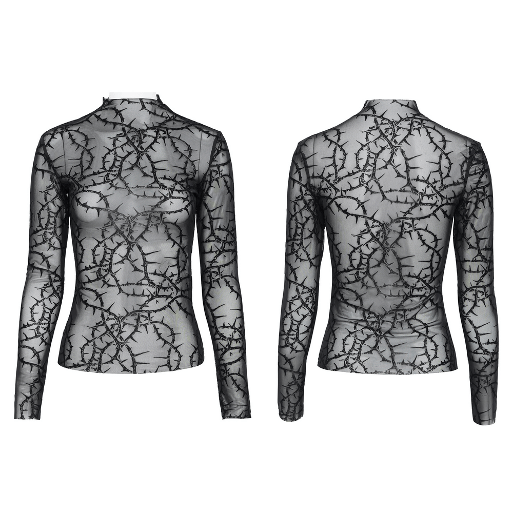 Goth Thorn Print Sheer Mesh Long Sleeved Top for Women