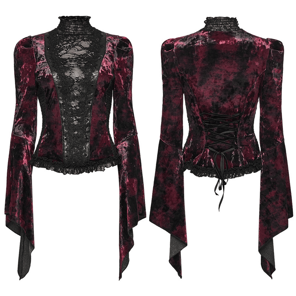 Goth Tie-Dye Velvet and Lace Long-Sleeved Top