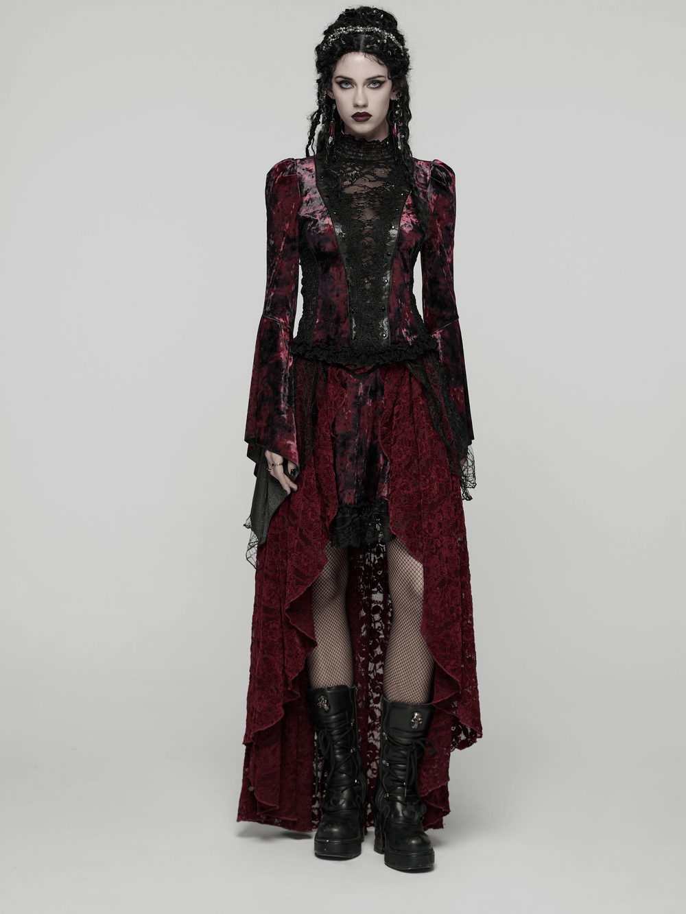 Goth Tie-Dye Velvet and Lace Long-Sleeved Top