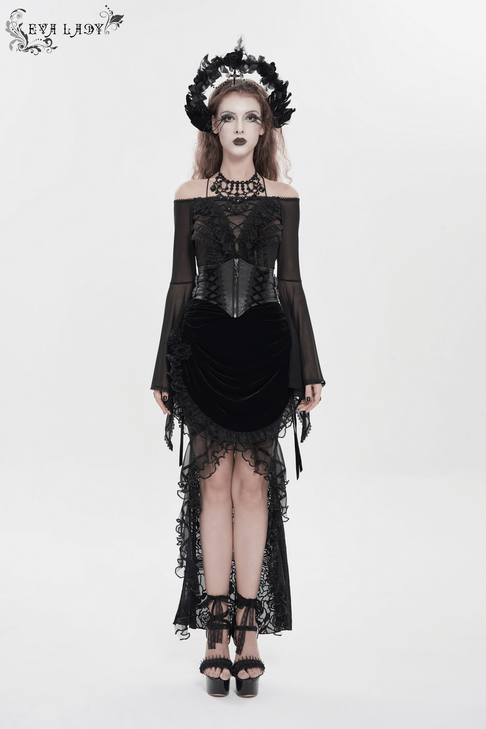 Goth Velvet and Lace Skirt with Ruffle and Rose Detailing