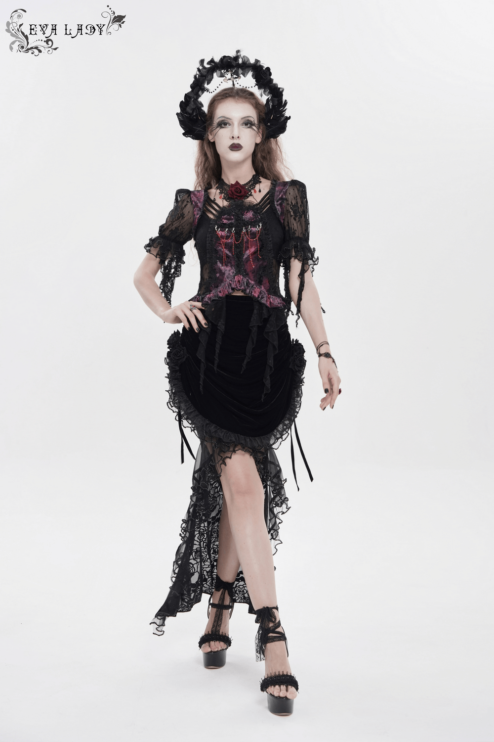 Goth Velvet and Lace Skirt with Ruffle and Rose Detailing