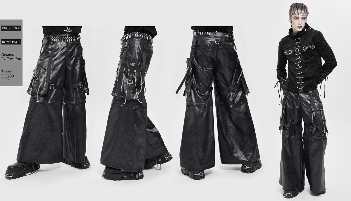 Goth Zip Pants with Detachable Chains and Wide Legs