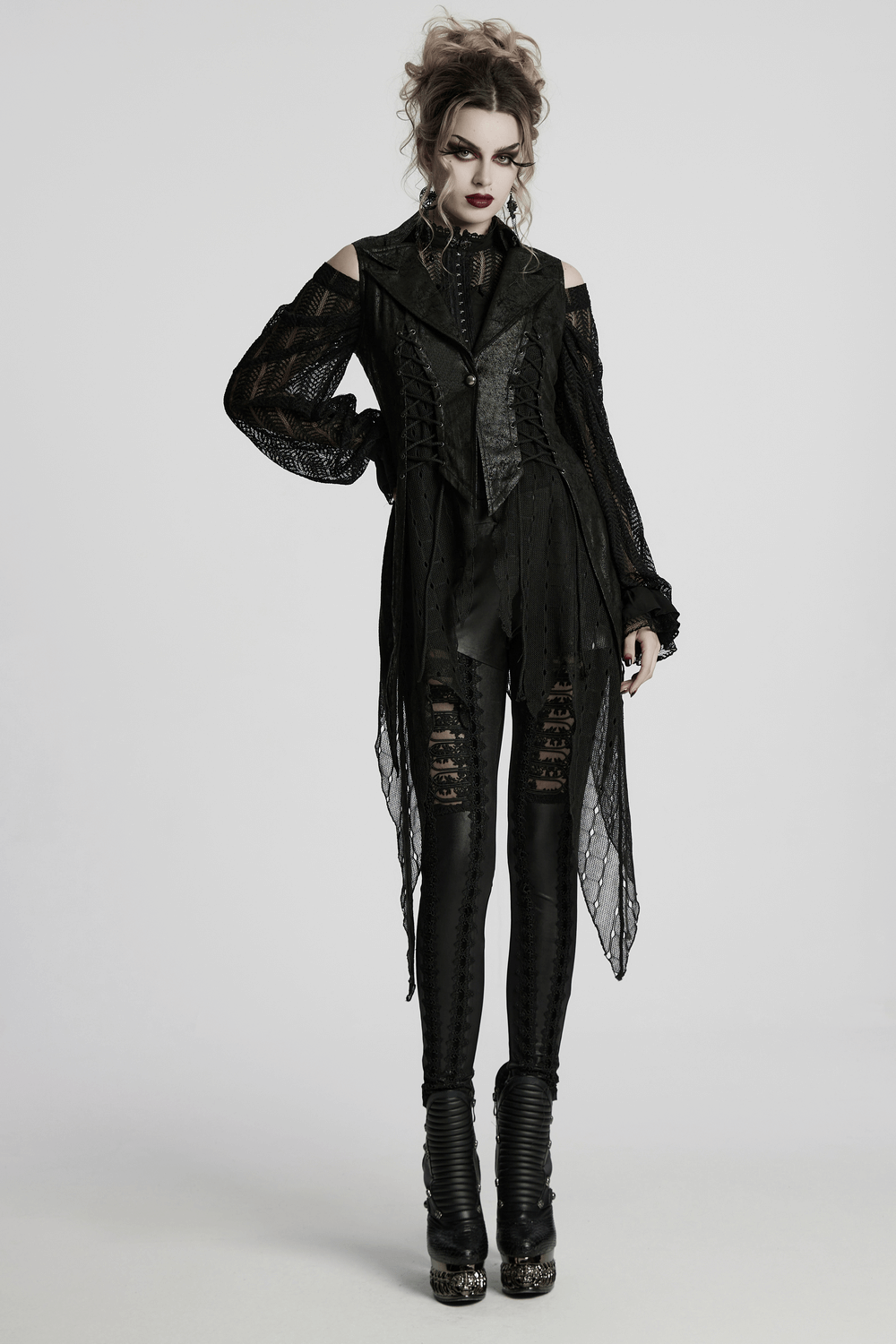 Gothic Alien Asymmetric Cape with Lace-Up Design and Mesh