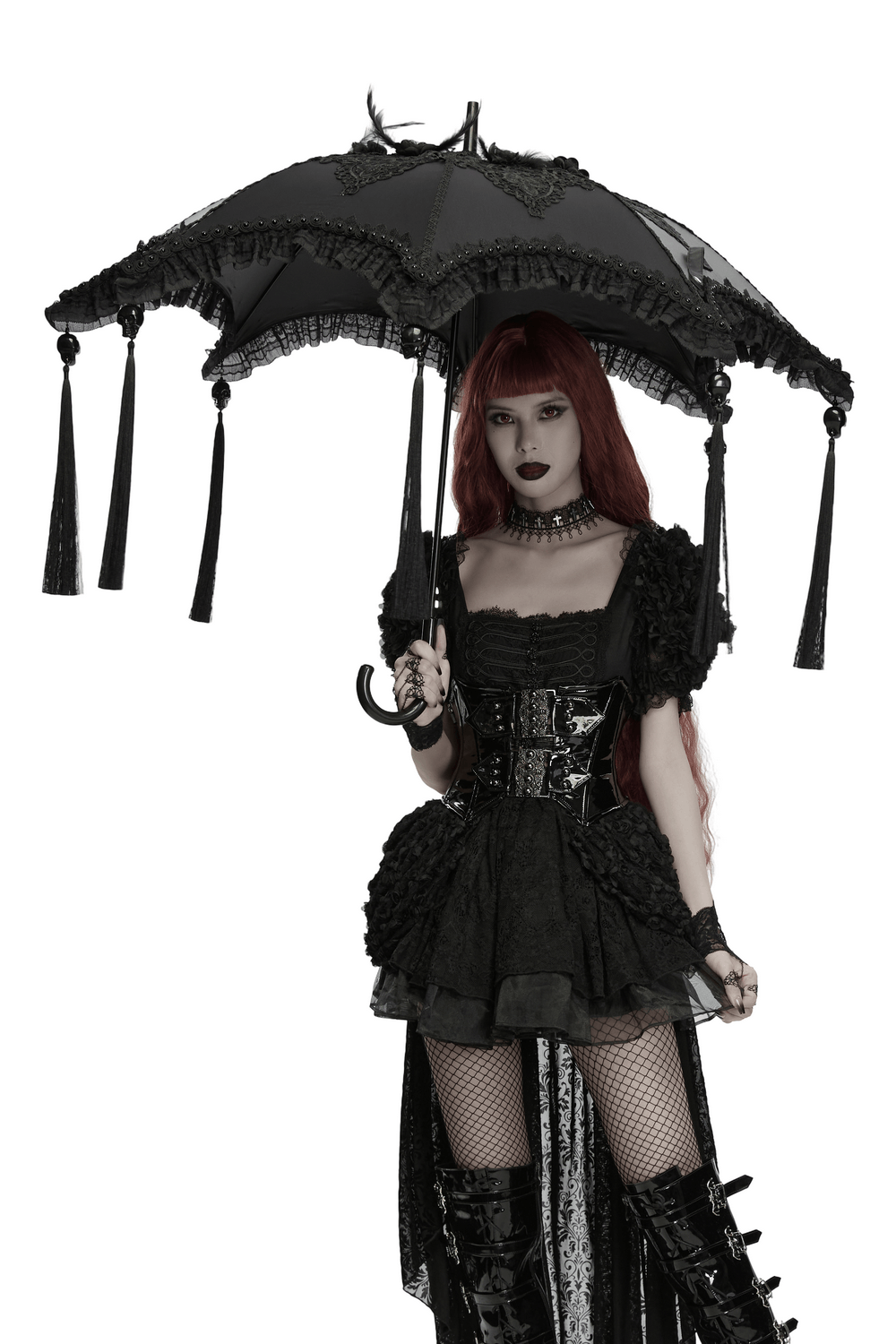 Gothic Bat Wing Parasol with Skull Tassel Details
