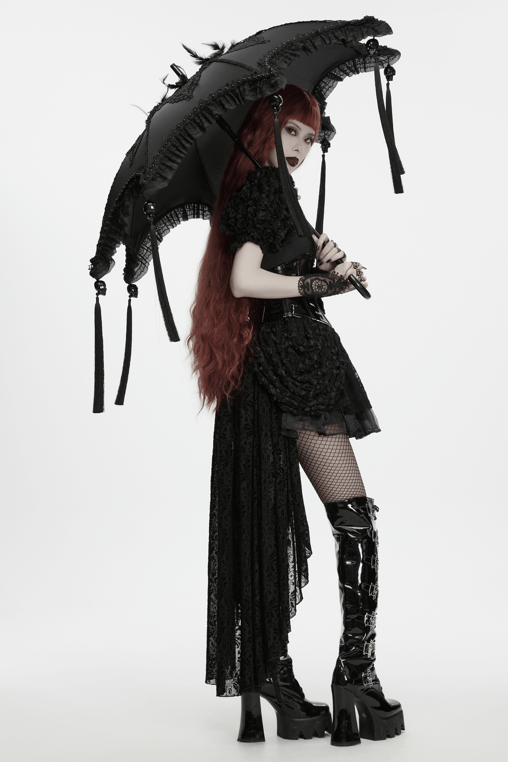 Gothic Bat Wing Parasol with Skull Tassel Details