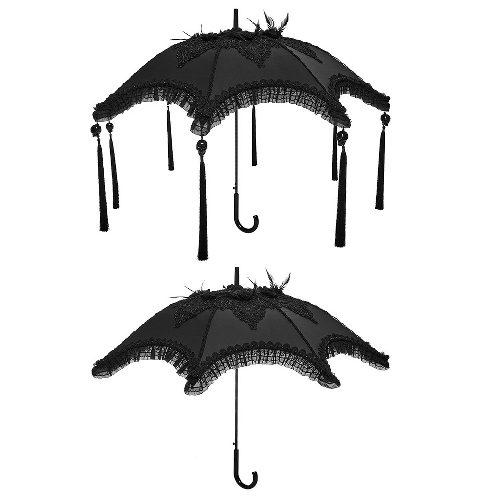 Gothic Bat Wing Parasol with Skull Tassel Details